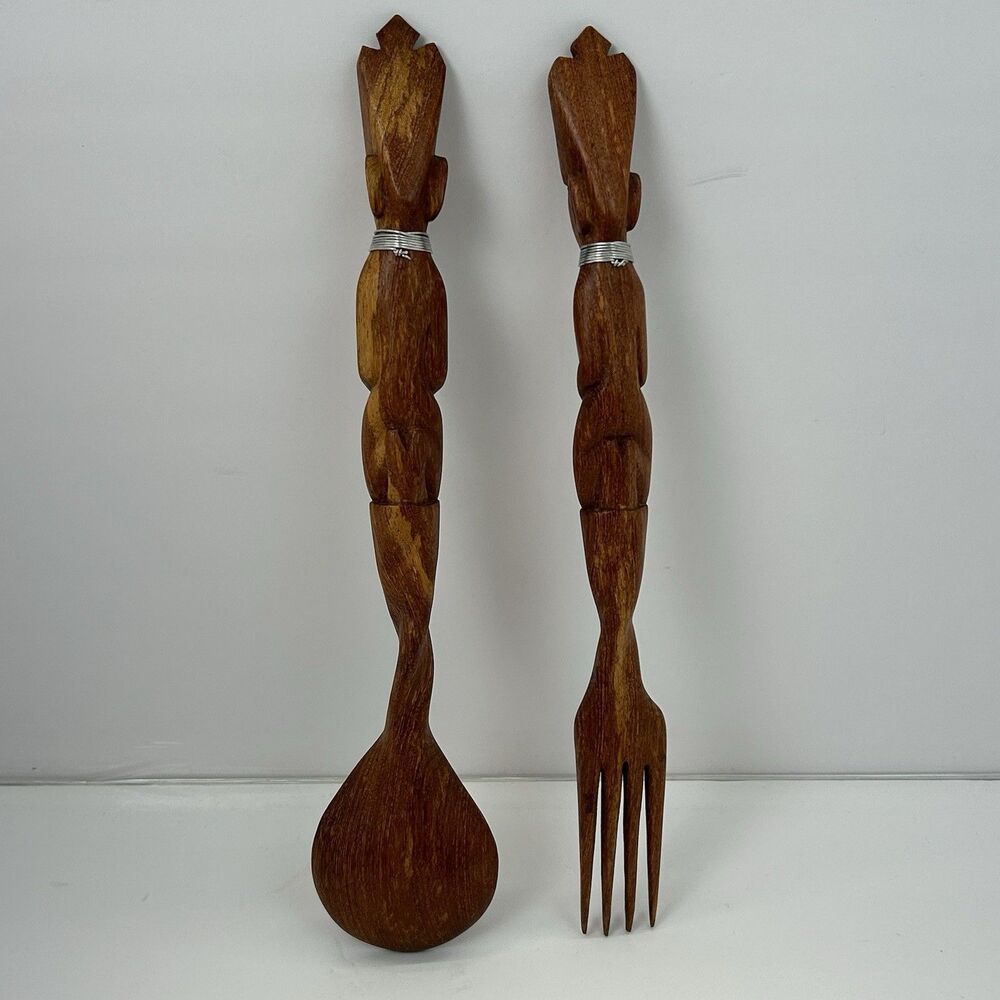 Hand Carved African Wooden Salad Server Spoon Fork Set Kenya A Leo Product - Picture 8 of 13